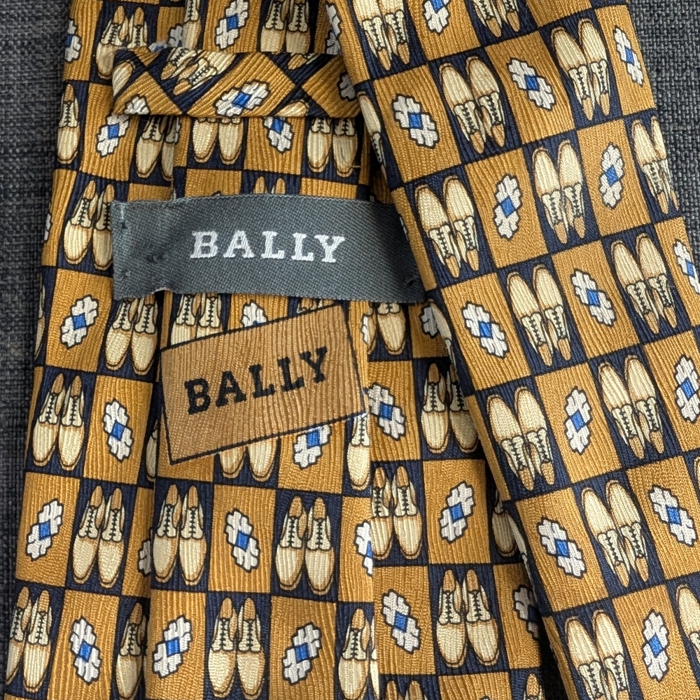 Bally 100% Silk Hand Made In Italy Gold Tie With Blue Shoe Pattern